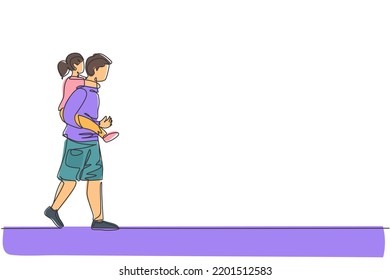 Single continuous line drawing of young dad talking to his daughter while carrying her on back go to the bed room, happy parenting. Family loving care concept. One line draw design vector illustration