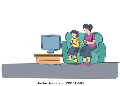 Single continuous line drawing of young mom and daughter sitting on sofa while playing video game together at home, happy parenting. Family fun concept. Trendy one line draw design vector illustration