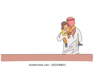 Single continuous line drawing of young Islamic dad hugging his sleepy daughter girl while holding toy doll. Arabian Muslim happy family parenting concept. One line draw design vector illustration