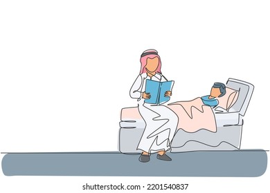 Single continuous line drawing of young Islamic father read fairy tale story to his son before sleep. Arabian muslim happy family fatherhood concept. Trendy one line draw design vector illustration
