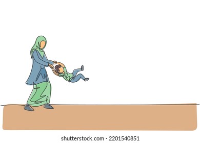 Single continuous line drawing of young Islamic mother play and swing her son boy up into the air at home, happy parenting. Arabian family care concept. Trendy one line draw design vector illustration