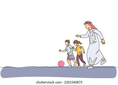 Single continuous line drawing of young Arabian dad running and playing soccer with his son and daughter. Islamic muslim happy family fatherhood concept. One line draw design vector illustration