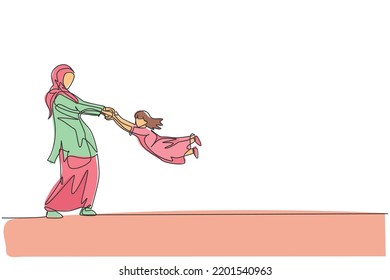 Single continuous line drawing of young Arabian mother playing and swinging her daughter fly. Islamic muslim happy family parenthood concept. Trendy one line graphic draw design vector illustration