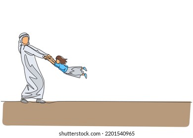 Single continuous line drawing of young Arabian dad playing with his girl swinging at home. Islamic muslim happy family parenthood concept. Trendy one line graphic draw design vector illustration