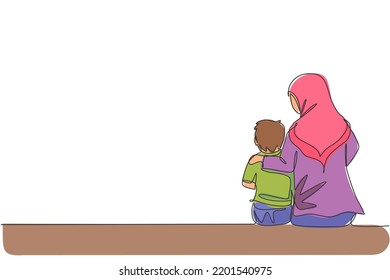 Single continuous line drawing of young Arabian mom talking and sitting together with her boy. Islamic muslim happy family parenthood concept. Trendy one line graphic draw design vector illustration