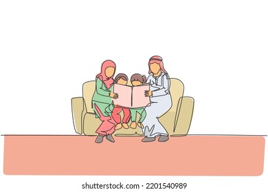 Single continuous line drawing of young Arabian family sitting on sofa together reading a book. Islamic muslim happy family parenthood concept. Trendy one line graphic draw design vector illustration