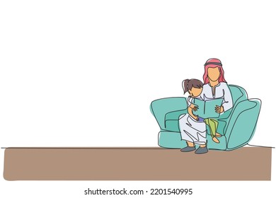 Single continuous line drawing of young Arabian father sitting on sofa to read a book to his daughter. Islamic muslim happy family parenthood concept. One line graphic draw design vector illustration