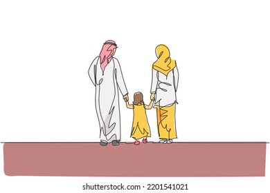Single continuous line drawing of young Islamic mom and dad walk while hold their daughter girl's hand together. Arabian Muslim happy family parenting concept. One line draw design vector illustration
