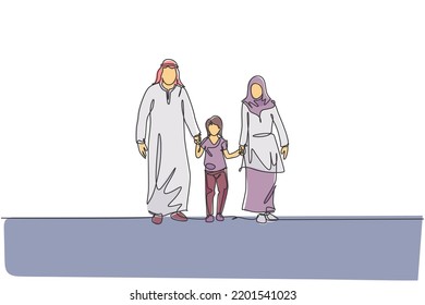 Single continuous line drawing of young Arabian mom and dad walking and holding their daughter's hand together. Islamic muslim happy family parenting concept. One line draw design vector illustration