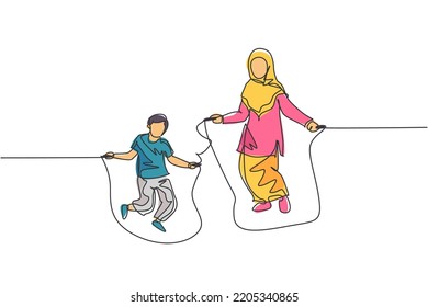 Single continuous line drawing of young Islamic mother and her son playing jumping rope and skipping. Arabian muslim happy family motherhood concept. Trendy one line draw design vector illustration