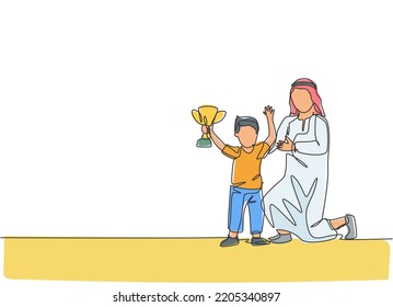 Single continuous line drawing of young Arabian father proud to his son about winning the trophy award. Islamic muslim happy family fatherhood concept. Trendy one line draw design vector illustration