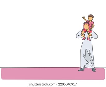 Single continuous line drawing of young Arabian father lift and hold son on shoulder and take a walk at park. Islamic muslim happy family fatherhood concept. One line draw design vector illustration