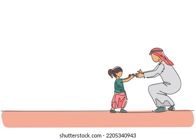 Single continuous line drawing of young Arabian dad teach how to walk to his daughter toddler at home. Islamic muslim happy family fatherhood concept. Trendy one line draw design vector illustration