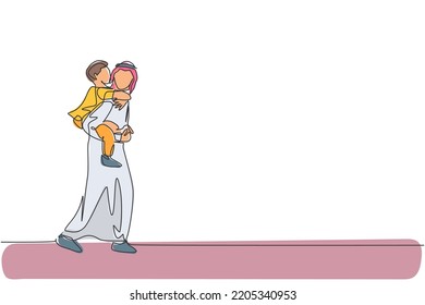 Single continuous line drawing of young Arabian father talk to son while carry on with piggyback style. Islamic muslim happy family fatherhood concept. Trendy one line draw design vector illustration