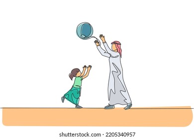 Single continuous line drawing of young Arabian dad playing and throwing beach ball to daughter at park. Islamic muslim happy family fatherhood concept. Trendy one line draw design vector illustration