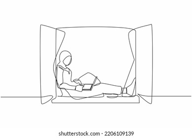 Single continuous line drawing young Arabian woman sitting on windowsill and working with laptop. Remote work from home. Online education, studying student. One line graphic design vector illustration