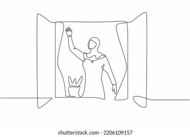 Single continuous line drawing young Arab female waving at window as look like to greet or invite people to come in. Woman looking outside from windowsill. One line graphic design vector illustration