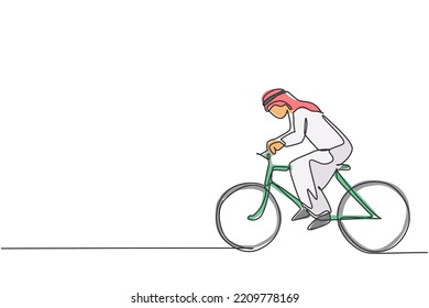 Single continuous line drawing of young Arabian businessman riding bicycle go to the office. Sporty professional worker. Minimalism concept dynamic one line draw graphic design vector illustration