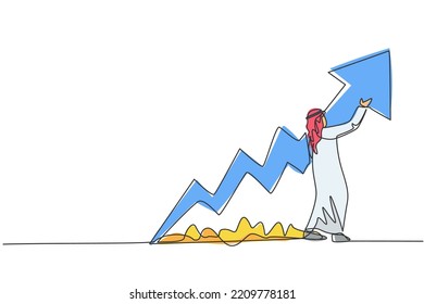 Single continuous line drawing of young Arabian businessman reporting increasing financial growth. Business presentation. Minimalism concept dynamic one line draw graphic design vector illustration