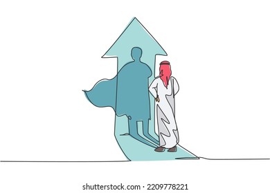 Single continuous line drawing young Arabian businessman facing his superhero shadow on up arrow sign. Professional worker. Minimalism concept dynamic one line draw graphic design vector illustration