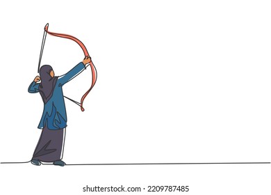 Single continuous line drawing of young beauty Arabian employee focus to aim the target using arrow bow. Professional businesswoman. Minimalism concept one line draw graphic design vector illustration