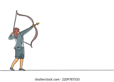 Single continuous line drawing of young beauty businesswoman aim target goal with arrow bow. Professional hard worker. Minimalism concept dynamic one line draw graphic design vector illustration