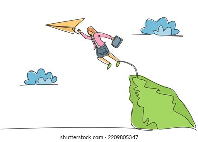 Single Continuous Line Drawing Young Business Woman Jumping To Reach Paper Plane From Top Of The Cliff. Best Entrepreneur. Minimalism Metaphor Concept. One Line Draw Graphic Design Vector Illustration