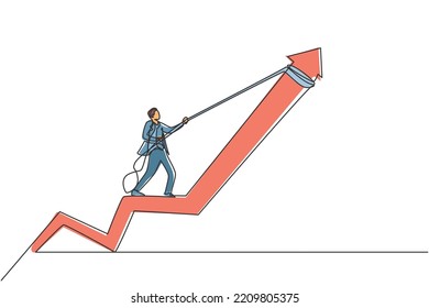 Single continuous line drawing of young business man pulling arrow graph to rise up. Attractive professional businessman. Minimalism concept dynamic one line draw graphic design vector illustration