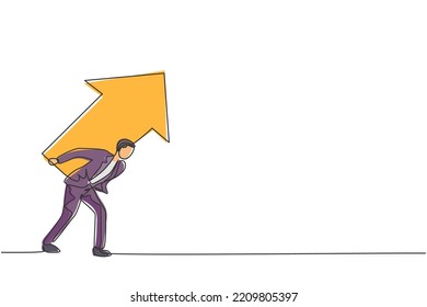 Single continuous line drawing young business man shouldered up arrow symbol on his back. Attractive professional businessman. Minimalism concept One line draw graphic design vector illustration