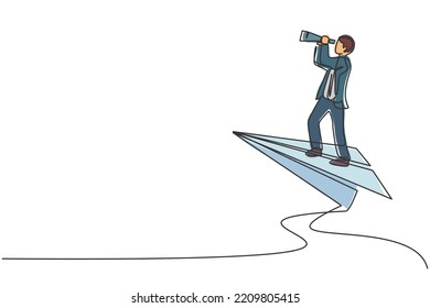 Una línea continua dibujando a un joven empresario volando con un avión de papel para analizar el crecimiento de los negocios. Empresario profesional. Concepto minimalista dibujo de una línea diseño gráfico ilustración vectorial