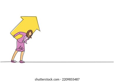Single continuous line drawing of young female manager shouldered up arrow symbol on back. Professional businesswoman. Minimalism concept dynamic one line draw graphic design vector illustration