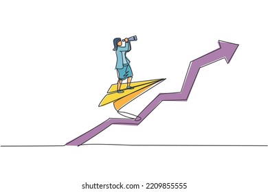 Single continuous line drawing young female manager flying with paper aircraft to top up arrow. Sales growth progress graph. Minimalism concept dynamic one line draw graphic design vector illustration