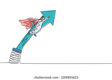 Un solo dibujo de línea continua de un joven empresario árabe saltando y volando con resorte metálico. Estrategia inteligente del gerente. Concepto minimalista dinámica diseño gráfico de trazos de una línea ilustración vectorial