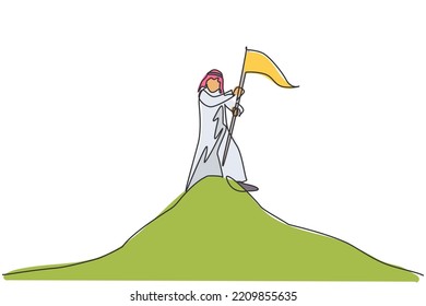 Single continuous line drawing young Arabic businessman planting the goal flag on the top of mountain. Business goal achievement. Minimalism concept one line draw graphic design vector illustration