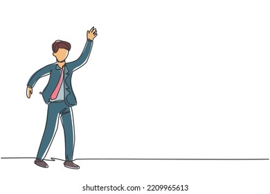 Single Continuous Line Drawing Young Business Man Waving Hand To His Business Colleague. Professional Businessman Teamwork Concept. Minimalism Dynamic One Line Draw. Graphic Design Vector Illustration