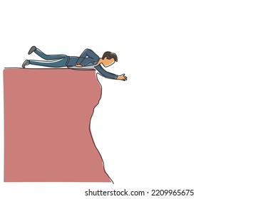 Single continuous line drawing young business man lay down on edge cliff to reach his partner. business teamwork metaphor concept. Minimalism dynamic one line draw. Graphic design vector illustration