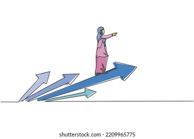 Single Continuous Line Drawing Young Professional Female Arab Entrepreneur Riding Arrow And Flying. Minimalism Business Growth Metaphor Concept Dynamic One Line Draw Graphic Design Vector Illustration