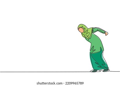 Single continuous line drawing of young angry female Arab entrepreneur make butting gesture ready to hit obstacle. Minimalism metaphor concept dynamic one line draw graphic design vector illustration