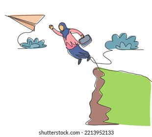 Single Continuous Line Drawing Young Arab Business Woman Jumping To Flying Paper Plane From Top Of Cliff Mountain. Minimalism Metaphor Concept. Dynamic One Line Draw Graphic Design Vector Illustration