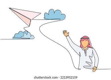 Single Continuous Line Drawing Young Arabian Business Man Waving Hand To Flying Paper Plane. Professional Manager. Minimalism Metaphor Concept. Dynamic One Line Draw Graphic Design Vector Illustration