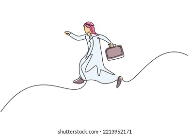 Single continuous line drawing of young Arab business man jumping high to the sky. Success professional manager. Minimalism metaphor concept. Dynamic one line draw graphic design vector illustration