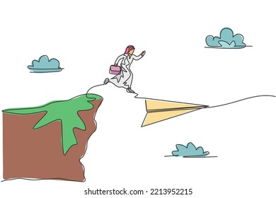 Single continuous line drawing young Arabian business man jumping from top of mountain to flying paper plane. Minimalism metaphor concept. Dynamic one line draw graphic design vector illustration