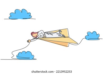 Single continuous line drawing of young Arabian business man lay down on flying paper plane to reach his fall colleagues. Minimalism metaphor concept. One line draw graphic design vector illustration