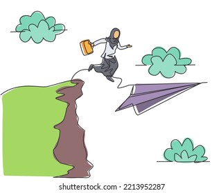 Single Continuous Line Drawing Young Arab Business Woman Jumping To Flying Paper Plane From Top Of The Cliff. Minimalism Metaphor Concept. Dynamic One Line Draw Graphic Design Vector Illustration