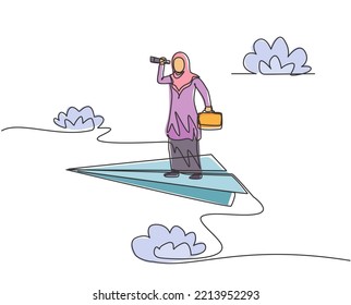 Single continuous line drawing young Arab business woman analyze market situation on flying paper plane. Minimalism metaphor concept. Dynamic one line draw graphic design vector illustration