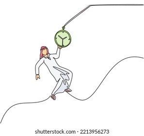 Single continuous line drawing young Arab business man swinging on pocket watch chain to reach goals. Time management business minimalist concept. One line draw graphic design vector illustration.
