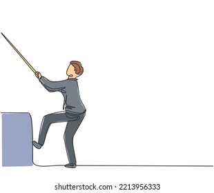 Single continuous line drawing young business man pulling rope so hard to climb a stair. Minimalism metaphor business deadline concept. Dynamic one line draw graphic design vector illustration