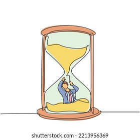 Single continuous line drawing young business man buried inside sandglass and asking for help . Minimalism metaphor business deadline concept. Dynamic one line draw graphic design vector illustration
