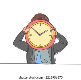 Single continuous line drawing young business man holding giant analog clock in front his head. Minimalism metaphor business deadline concept. Dynamic one line draw graphic design vector illustration