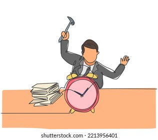 Single continuous line drawing young stressful business man hit the alarm clock with hammer. Minimalism metaphor business deadline concept. Dynamic one line draw graphic design vector illustration